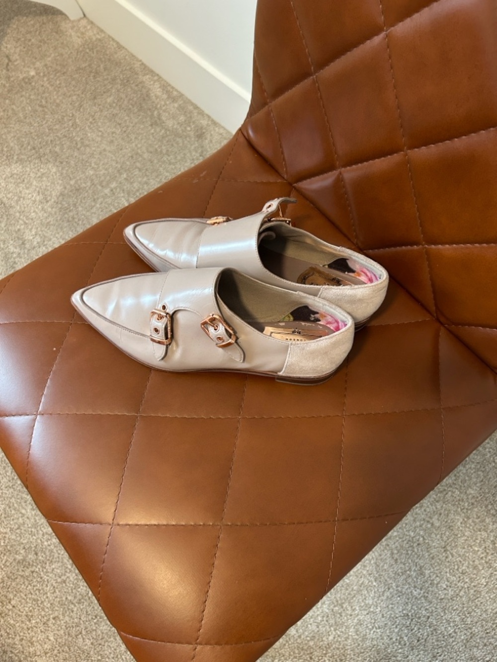 Pointed Double-Buckle Women’s Loafers in Nude - Picture 3 of 5